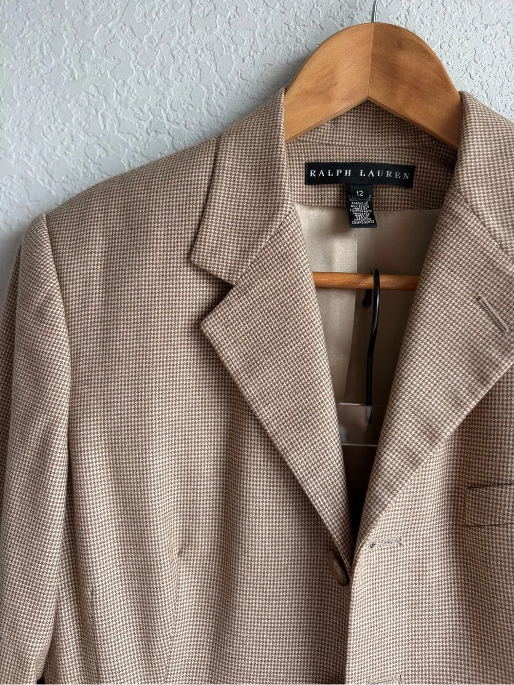 Ralph Lauren Vintage Wool Cashmere Skirt Suit Women US12 Camel Houndstooth silk